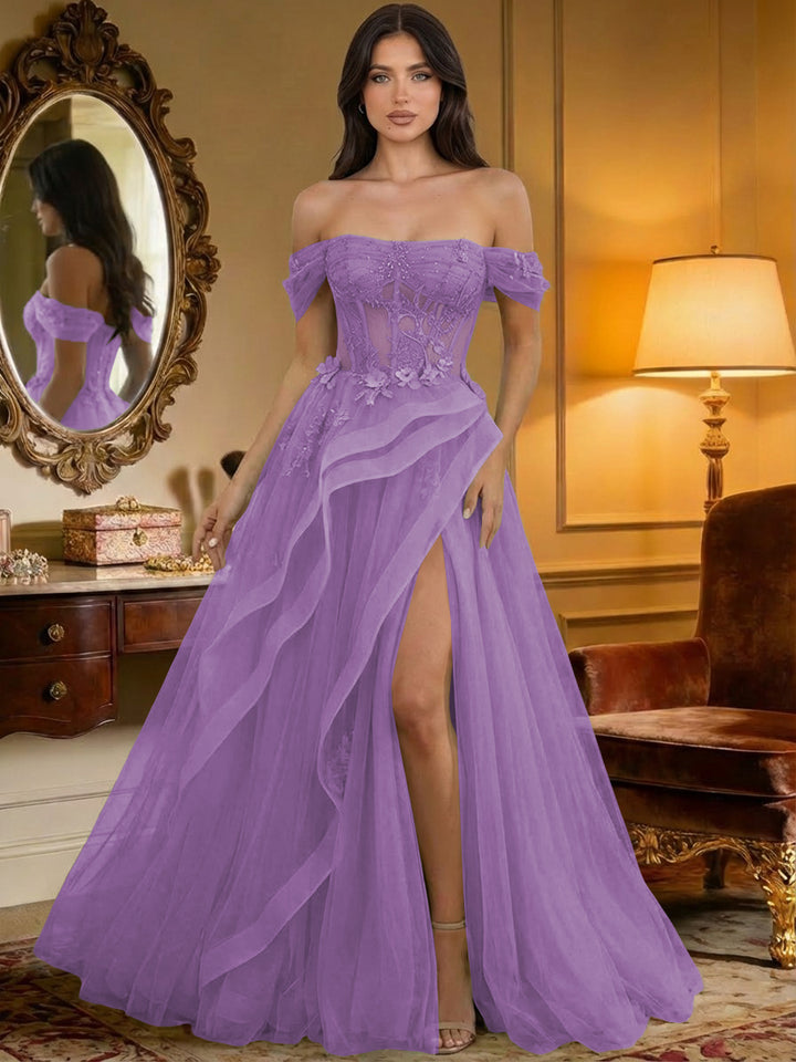 Off the Shoulder Tulle Ruffles Corset Formal Evening Dresses