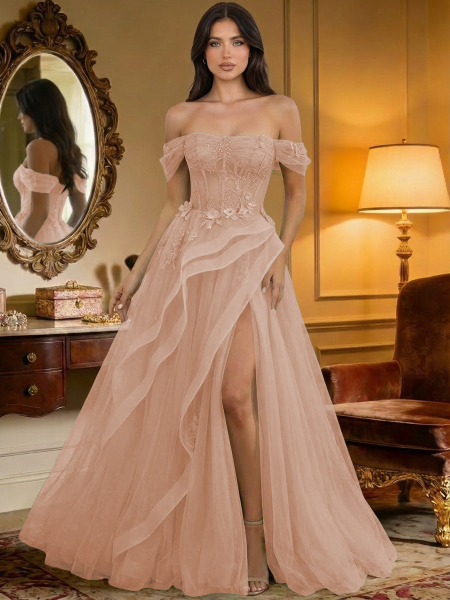 Off the Shoulder Tulle Ruffles Corset Formal Evening Dresses