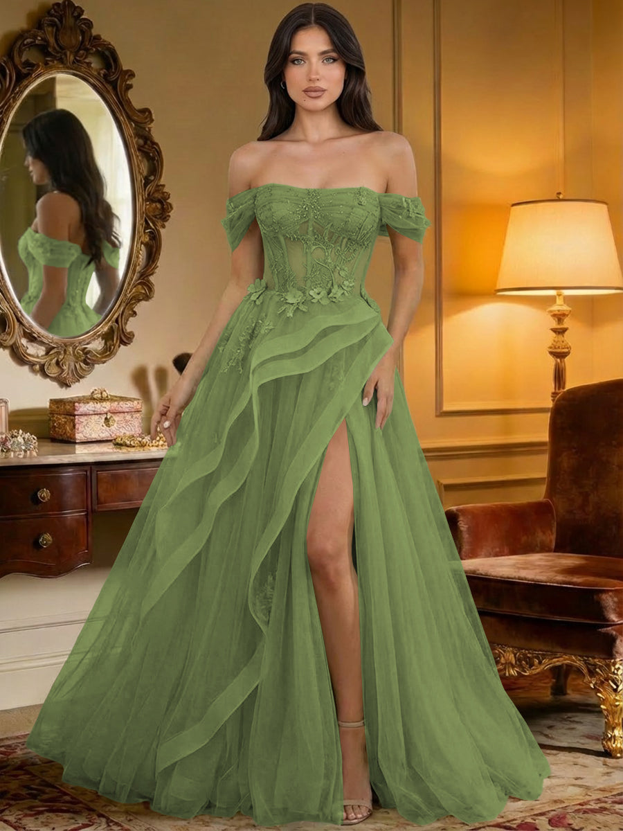 Off the Shoulder Tulle Ruffles Corset Formal Evening Dresses
