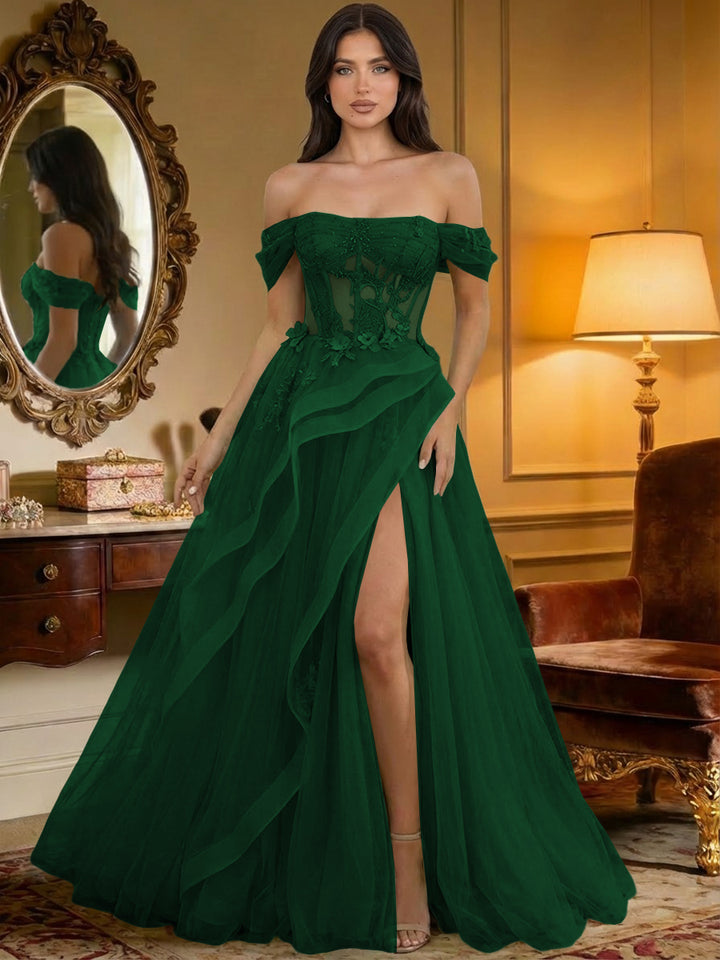 Off the Shoulder Tulle Ruffles Corset Formal Evening Dresses
