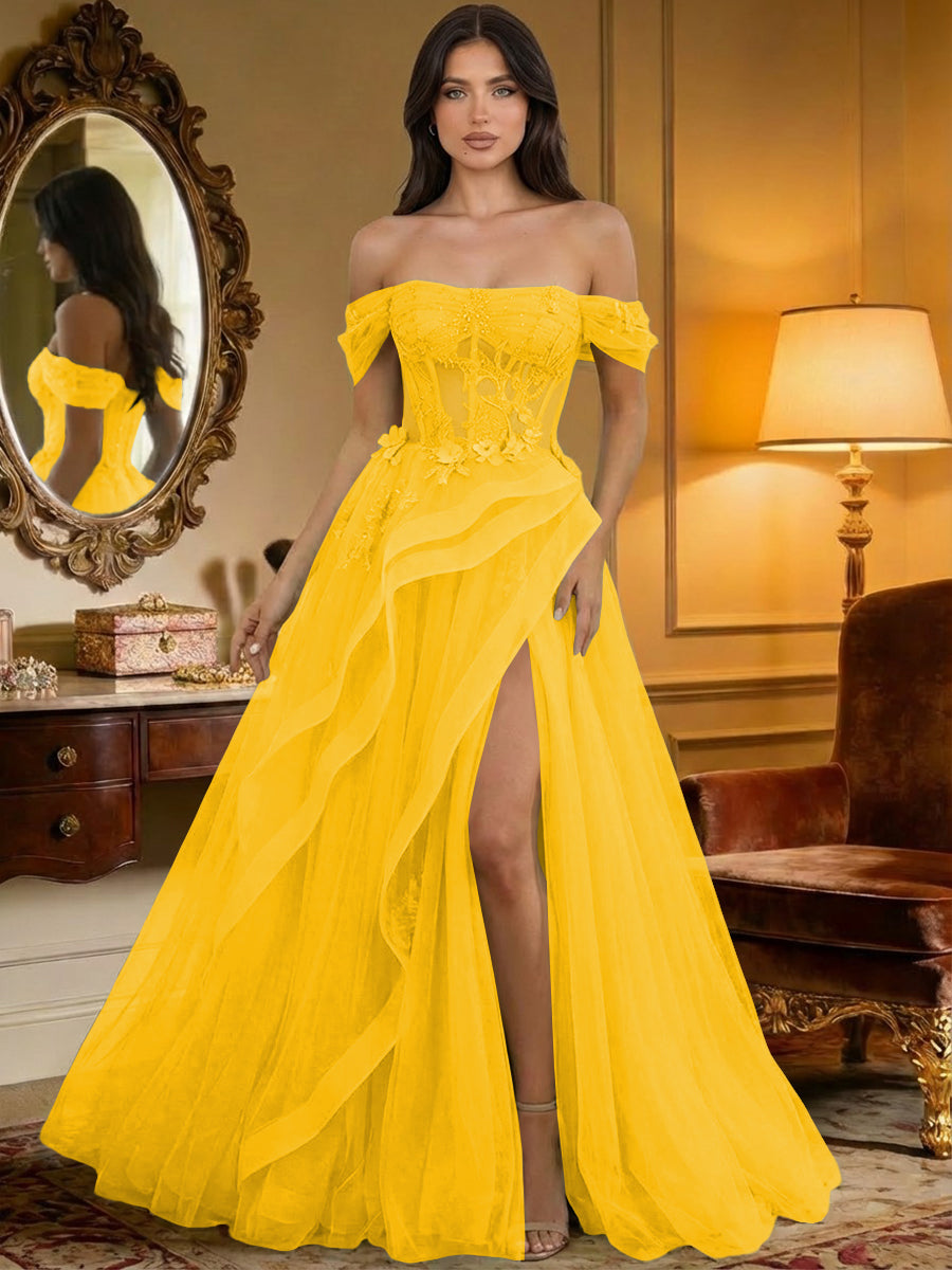 Off the Shoulder Tulle Ruffles Corset Formal Evening Dresses