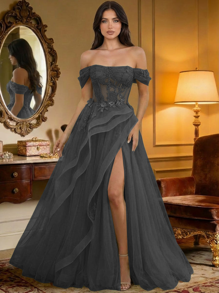Off the Shoulder Tulle Ruffles Corset Formal Evening Dresses