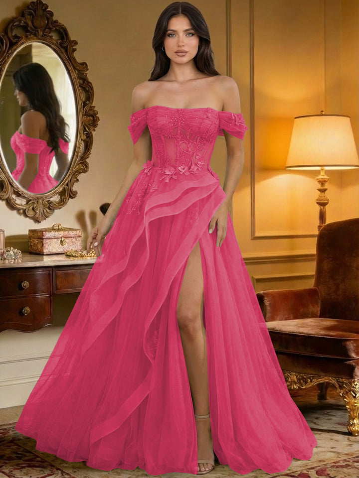 Off the Shoulder Tulle Ruffles Corset Formal Evening Dresses