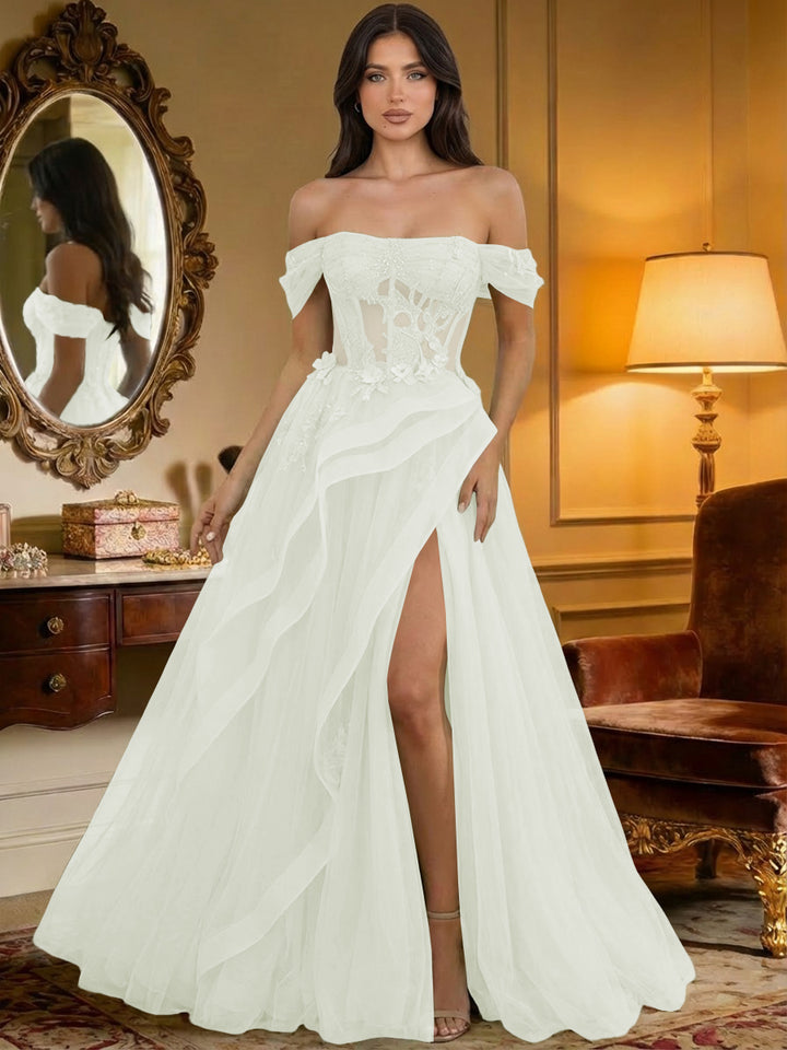 Off the Shoulder Tulle Ruffles Corset Formal Evening Dresses