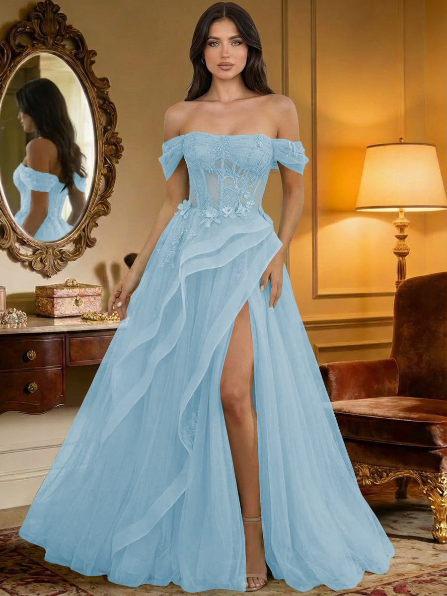 Off the Shoulder Tulle Ruffles Corset Formal Evening Dresses