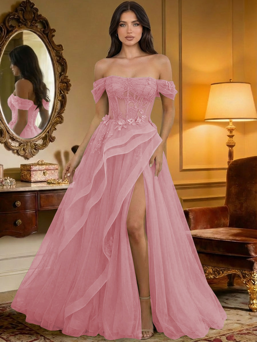 Off the Shoulder Tulle Ruffles Corset Formal Evening Dresses