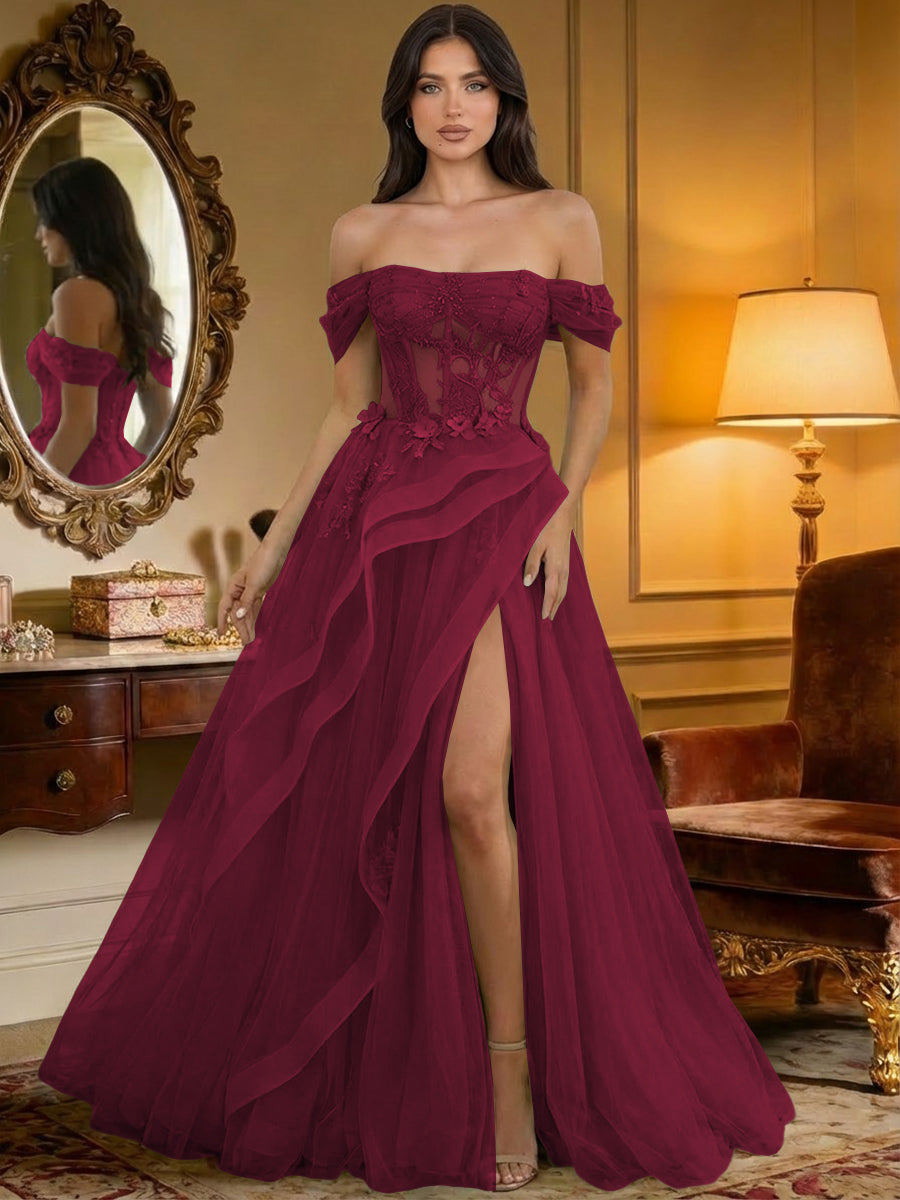 Off the Shoulder Tulle Ruffles Corset Formal Evening Dresses