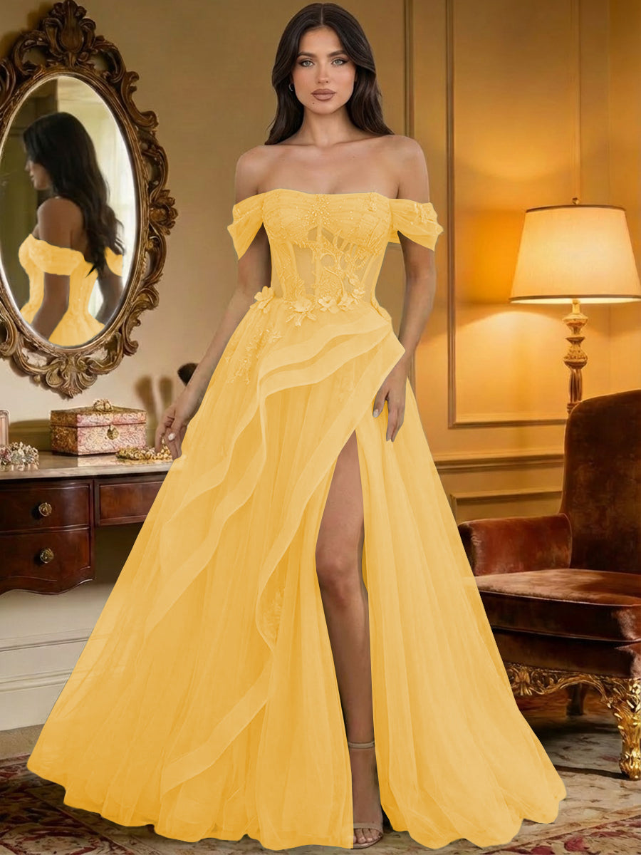 Off the Shoulder Tulle Ruffles Corset Formal Evening Dresses