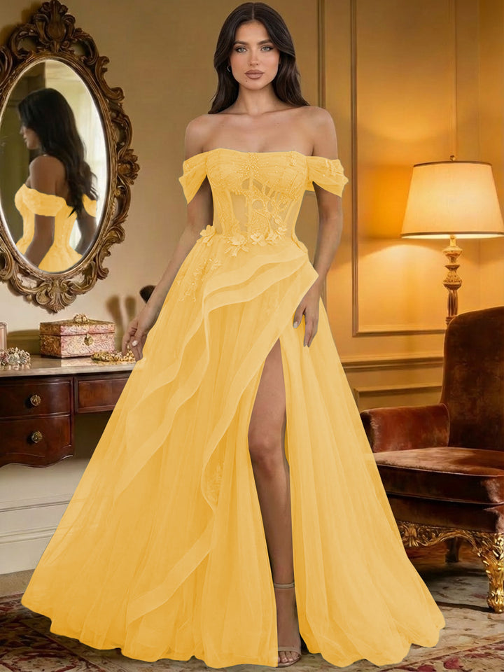 Off the Shoulder Tulle Ruffles Corset Formal Evening Dresses