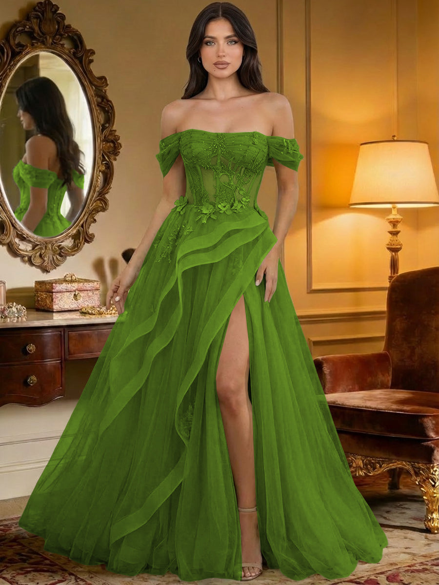 Off the Shoulder Tulle Ruffles Corset Formal Evening Dresses