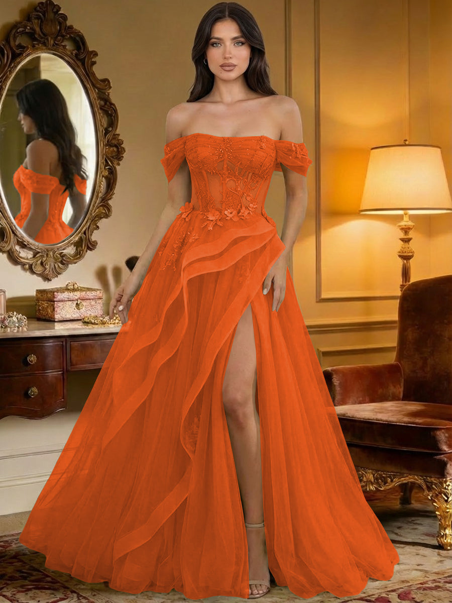 Off the Shoulder Tulle Ruffles Corset Formal Evening Dresses