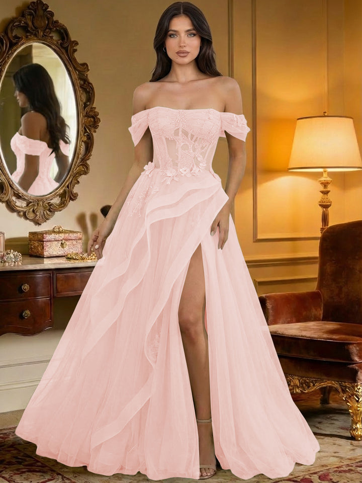 Off the Shoulder Tulle Ruffles Corset Formal Evening Dresses