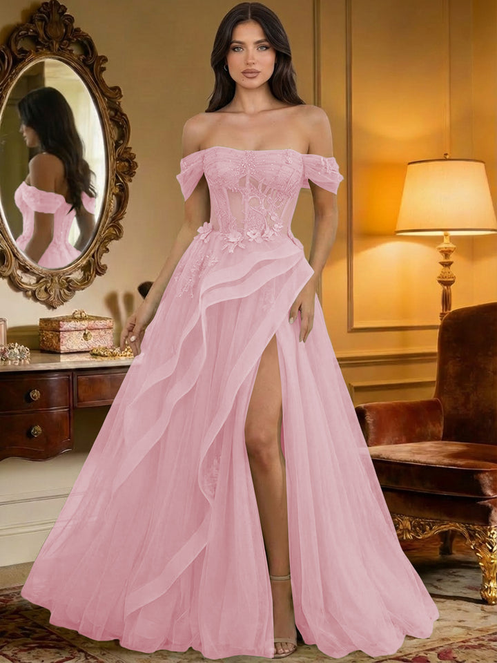 Off the Shoulder Tulle Ruffles Corset Formal Evening Dresses