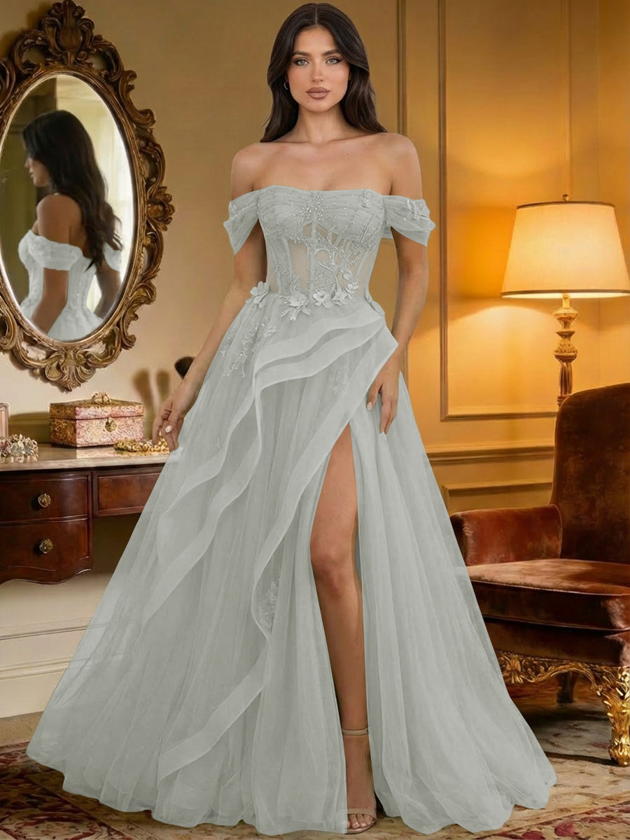 Off the Shoulder Tulle Ruffles Corset Formal Evening Dresses