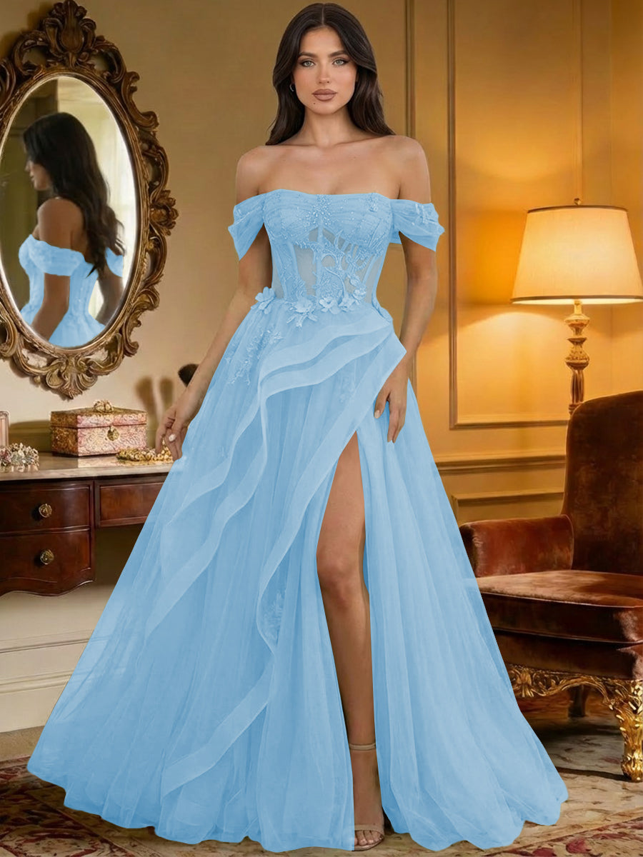 Off the Shoulder Tulle Ruffles Corset Formal Evening Dresses
