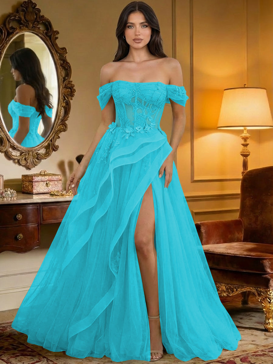 Off the Shoulder Tulle Ruffles Corset Formal Evening Dresses