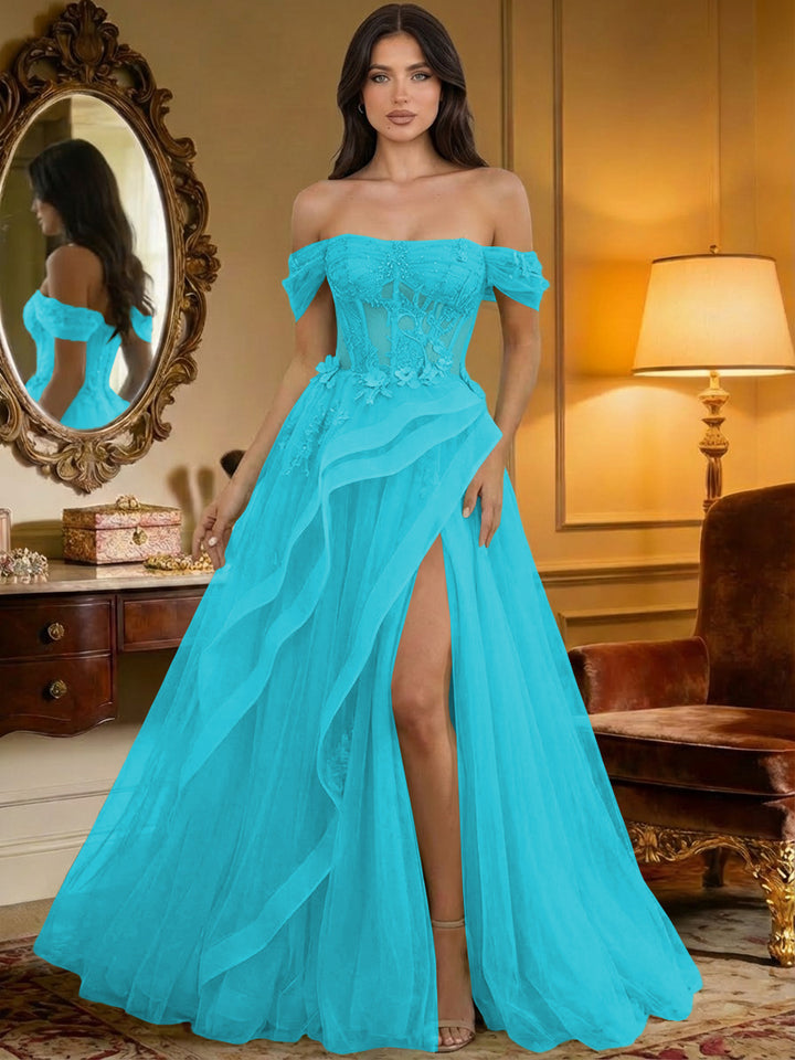 Off the Shoulder Tulle Ruffles Corset Formal Evening Dresses