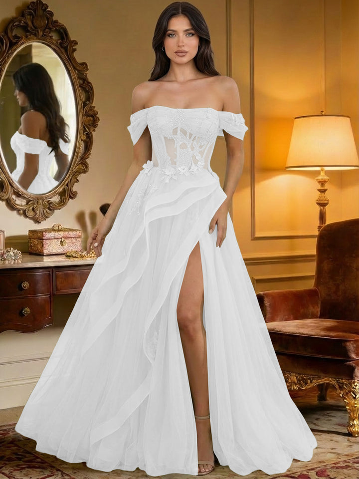 Off the Shoulder Tulle Ruffles Corset Formal Evening Dresses