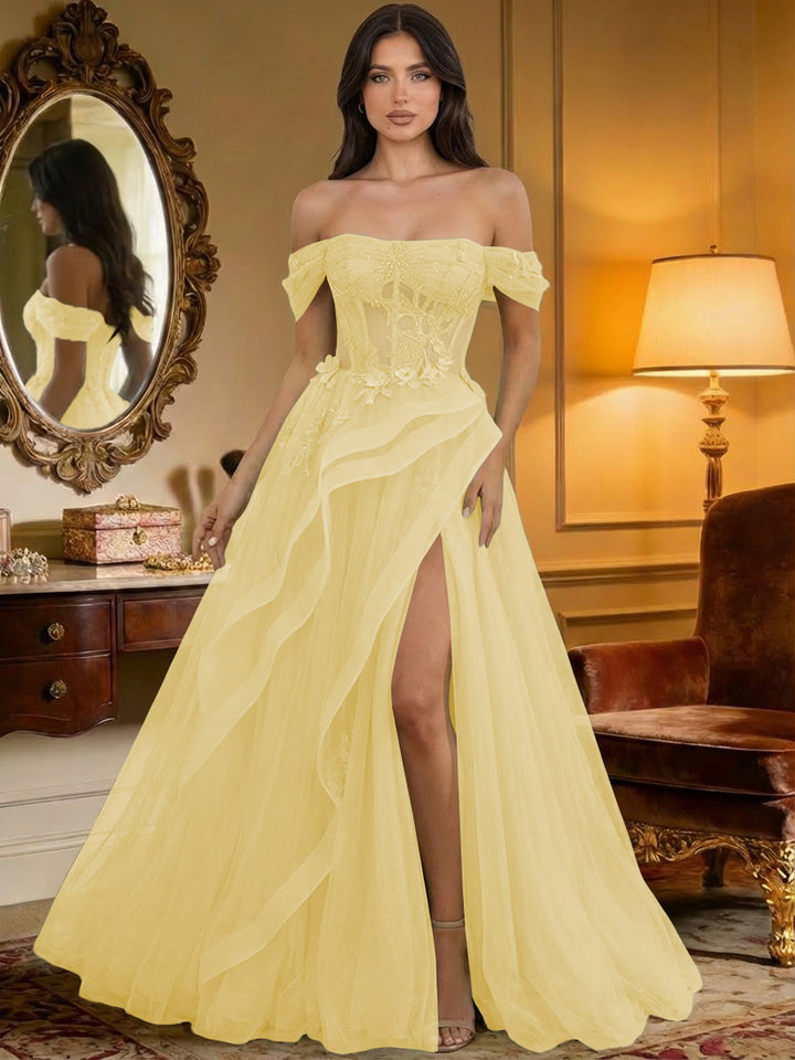 Off the Shoulder Tulle Ruffles Corset Formal Evening Dresses