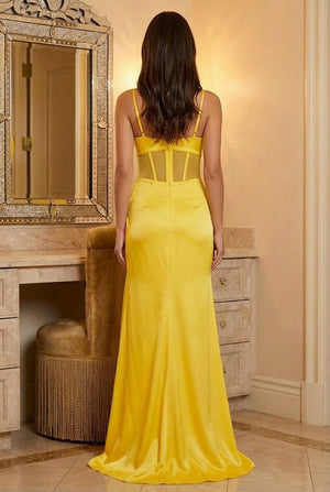 Spaghetti Straps Satin Ruffles Corset Prom Dresses