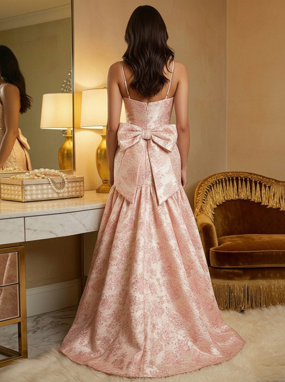 Spaghetti Straps Ruffles Corset Prom Dresses with Bow