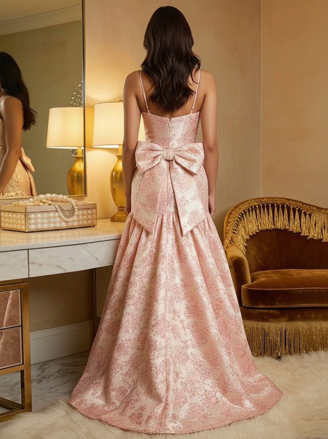 Spaghetti Straps Ruffles Corset Evening Dresses with Bow