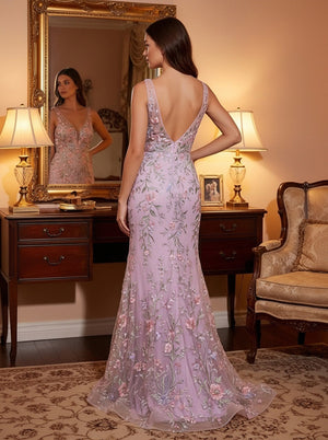 V Neck 3D Flower Corset Prom Dresses with Slit