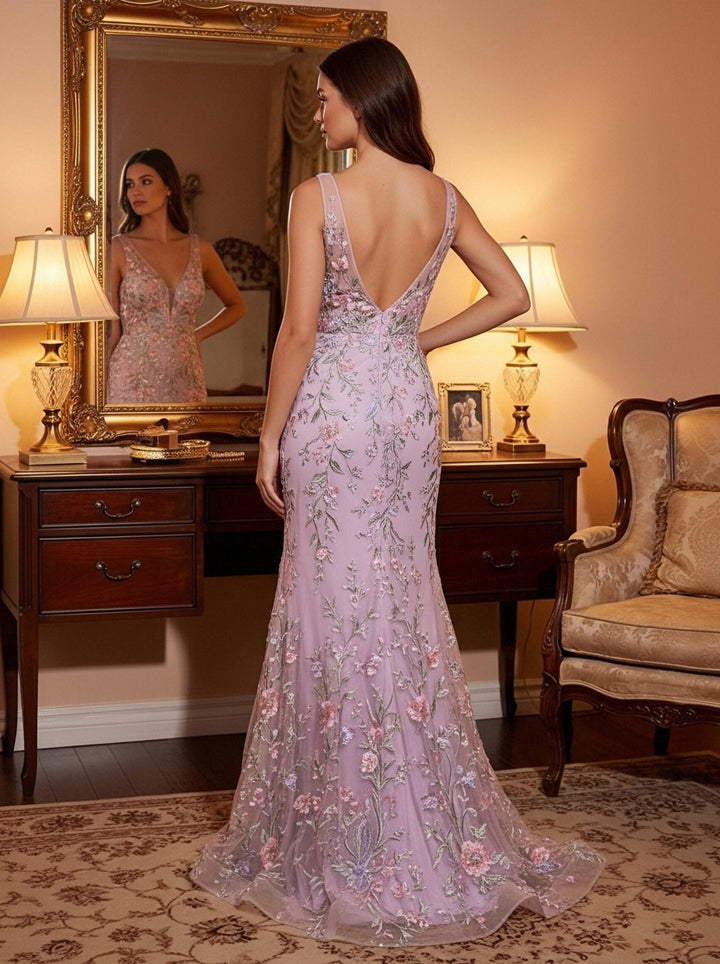 V Neck 3D Flower Corset Prom Formal Dresses with Slit Evening Gowns