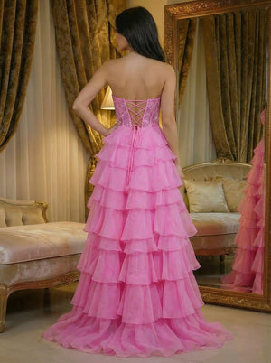 Sweetheart Layered Ruffles Corset Prom Dresses with Slit