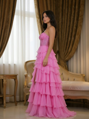 Sweetheart Layered Ruffles Corset Prom Dresses with Slit