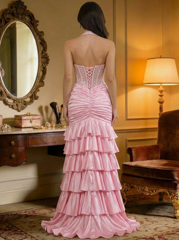 Halter Layered Ruffles Corset Pleated Prom Dresses with Slit