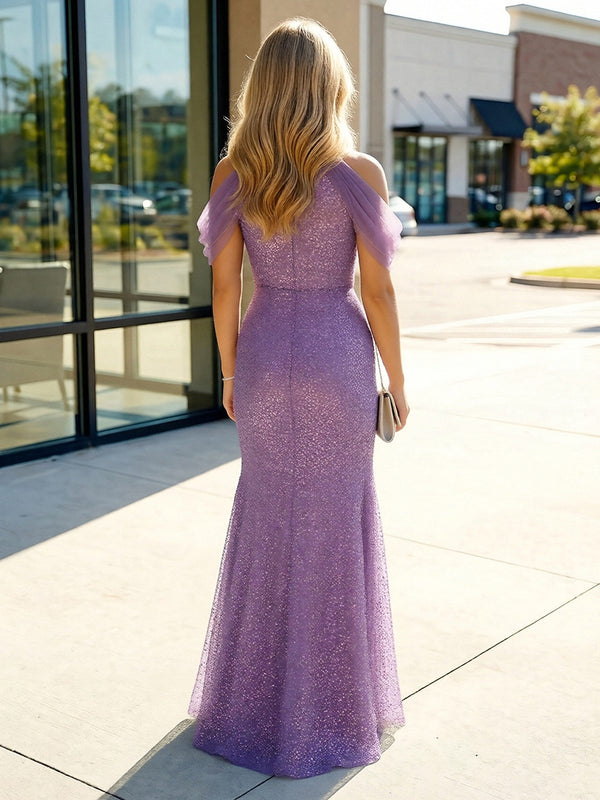 Sequin Sheath Halter Split Prom Dresses Cold Shoulder Evening Gowns