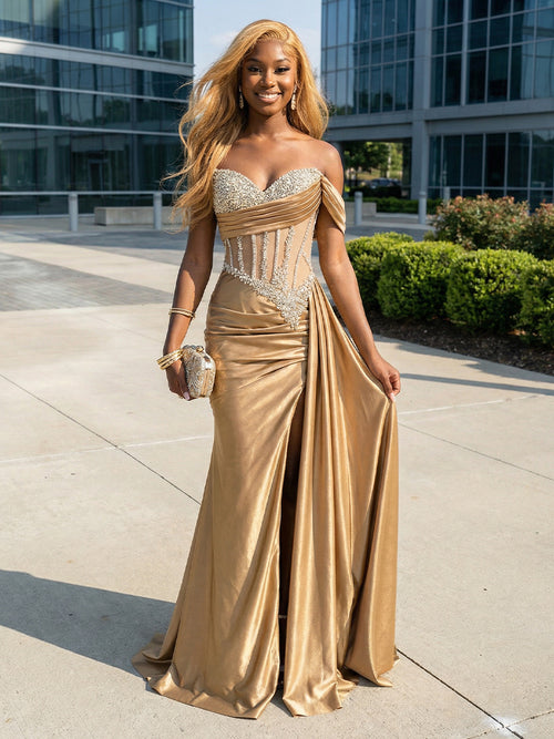 Sequin Off the Shoulder Mermaid Prom Dresses with Pleats Evening Gowns