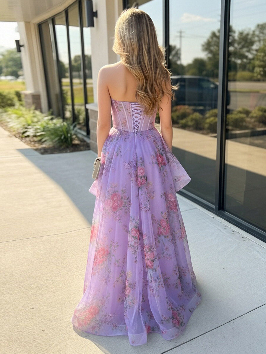 Floral Strapless Sweetheart Ruffles Prom Dresses with Slit