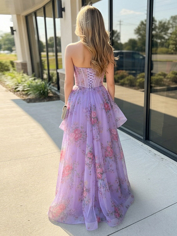 Floral Strapless Sweetheart Ruffles Prom Dresses with Slit
