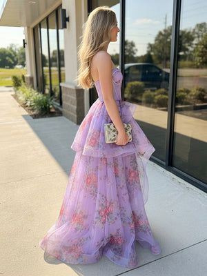Floral Strapless Sweetheart Ruffles Prom Dresses with Slit