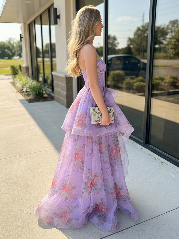 Floral Strapless Sweetheart Ruffles Prom Dresses with Slit