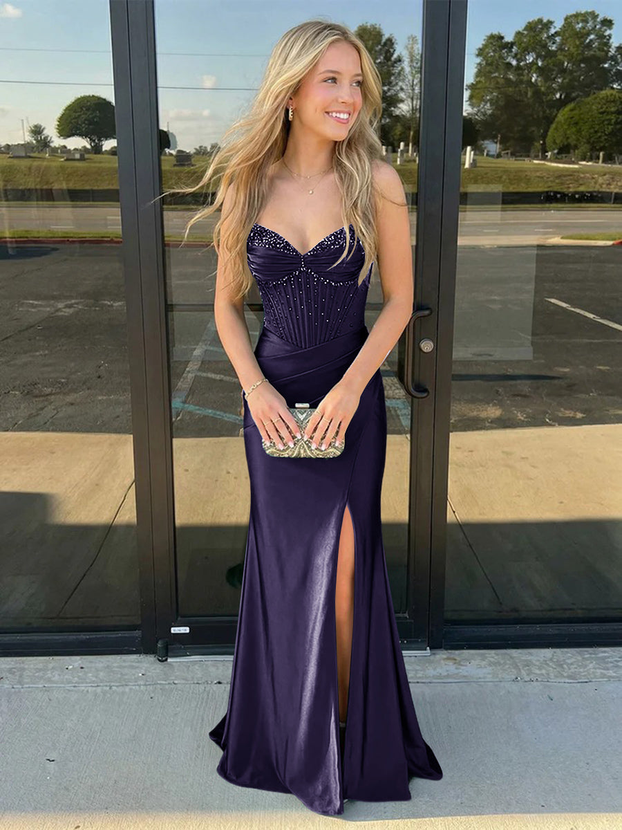 Satin Spaghetti Straps Sweetheart Prom Dresses with Slit Sequin Evening Gowns