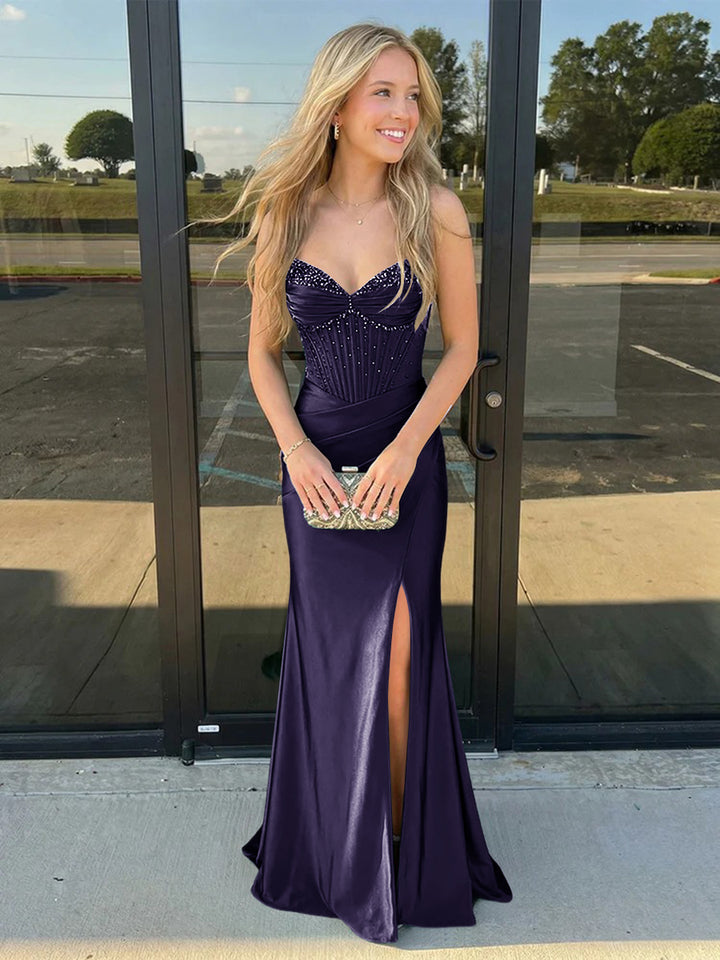 Satin Spaghetti Straps Sweetheart Prom Dresses with Slit Sequin Evening Gowns