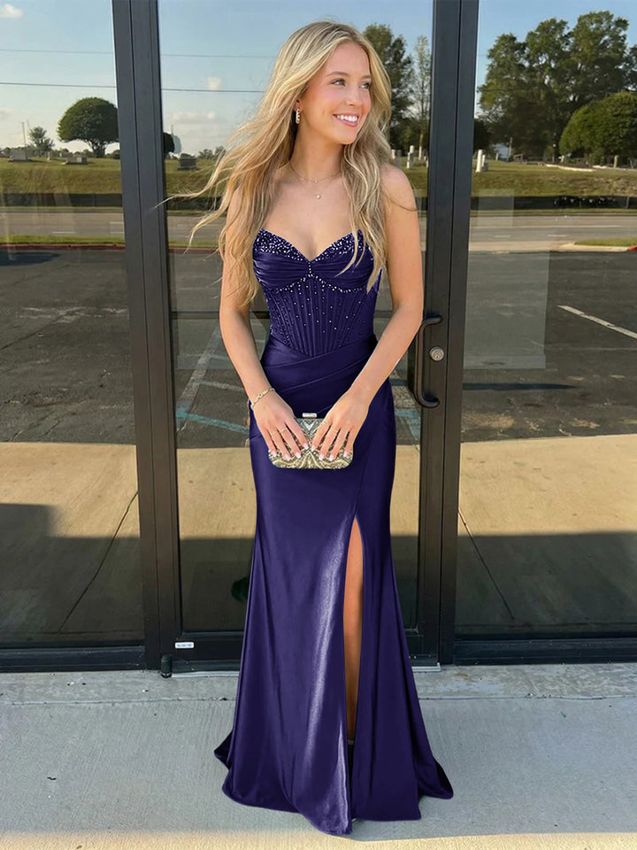 Satin Spaghetti Straps Sweetheart Prom Dresses with Slit Sequin Evening Gowns