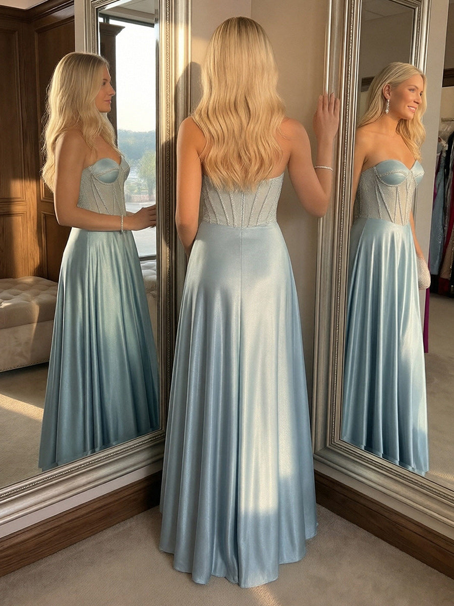 Satin Strapless Sweetheart Prom Dresses A-Line Party Gowns