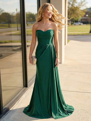 Satin Strapless Cowl Neck Mermaid Prom Dresses with Slit