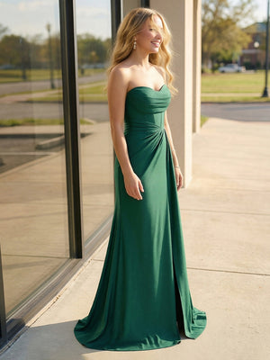 Satin Strapless Cowl Neck Mermaid Prom Dresses with Slit