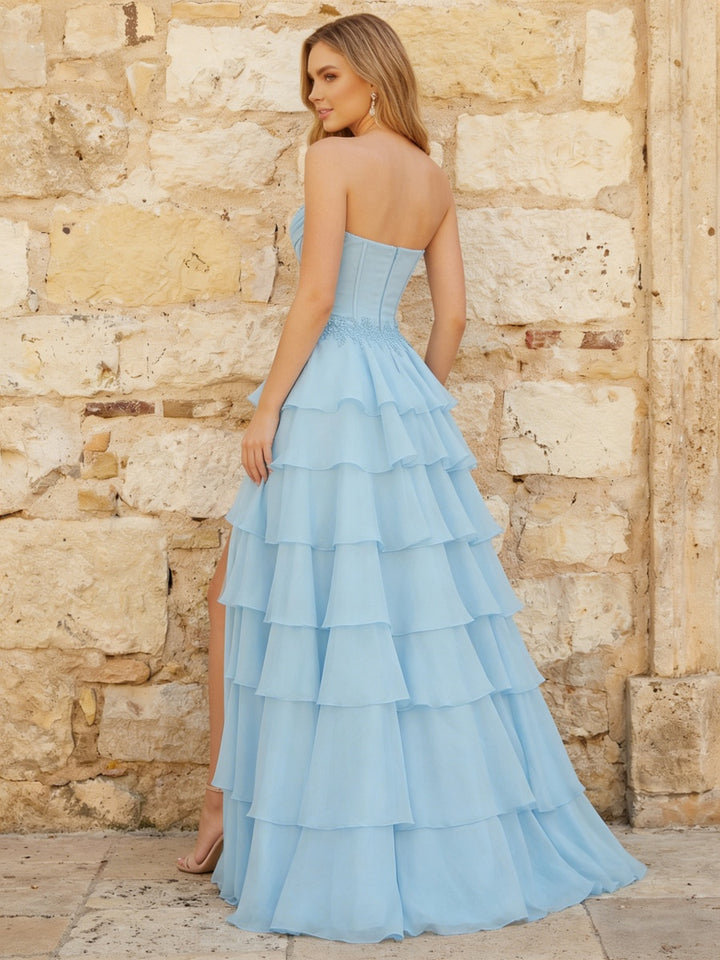 Chiffon Strapless Sweetheart Tiered Prom Dresses Ruched Corset A-Line Maxi Ball Gowns with Slit