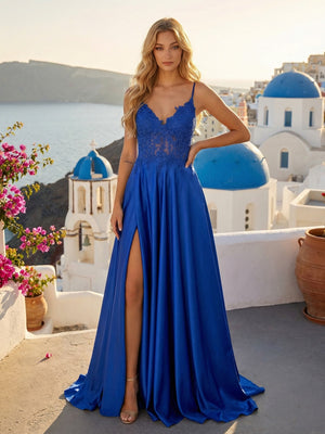 Satin Spaghetti Straps Deep V-Neck Prom Dresses High Slit Ruched A-Line Maxi Evening Party Gowns with Lace Embroidery
