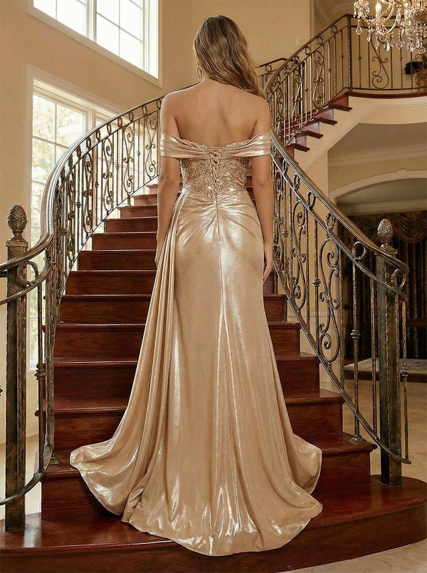 Spaghetti Straps Lace Appliques Satin Off the Shoulder Mermaid Prom Dresses with Slit