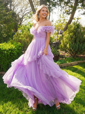 Tulle Ruffles V Neck Tiered A Line Off the Shoulder Prom Dresses