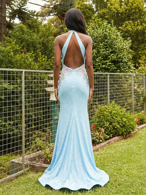 Sequin V Neck Sleeveless Floral Print Mermaid Prom Dresses with Slit