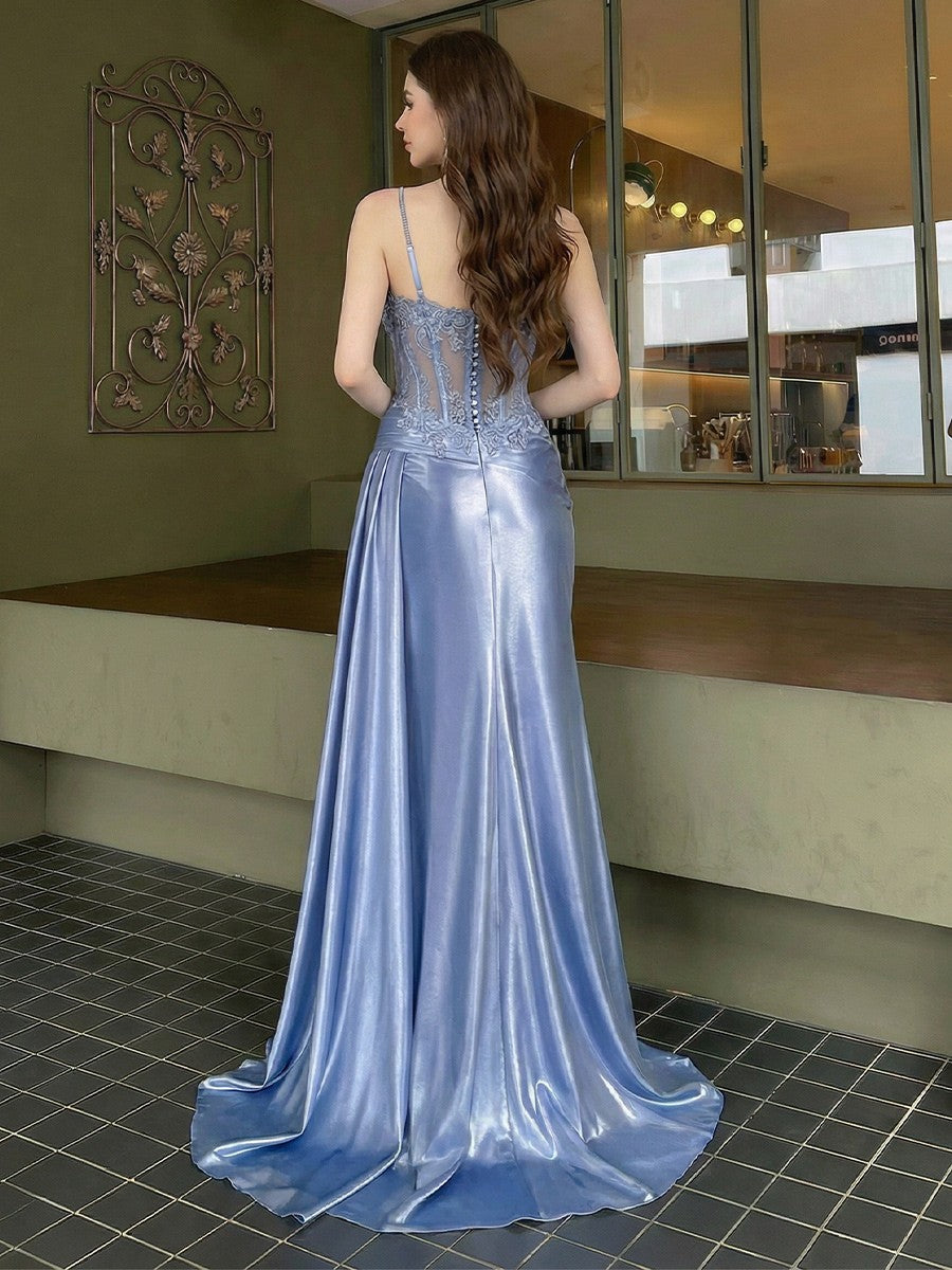 Spaghetti Straps Lace Appliques Satin V Neck Mermaid Prom Dresses with Slit