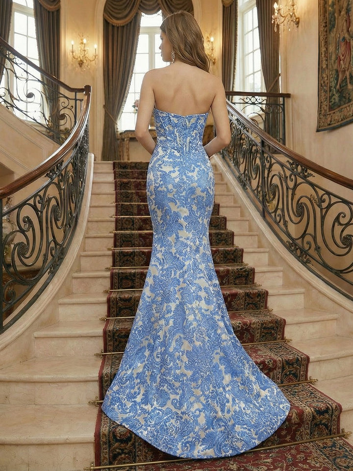 Sweetheart Tulle Sleeveless Floral Print Mermaid Evening Dresses with Slit